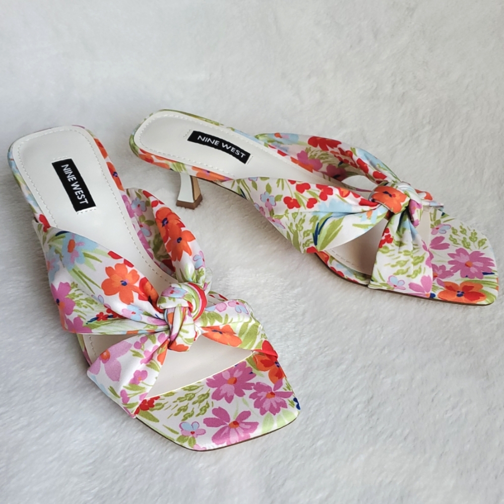 🆕️ NINE WEST Vibrant Floral Soft Fabric Dipa Heeled Slide Sandals SIZE: 7M